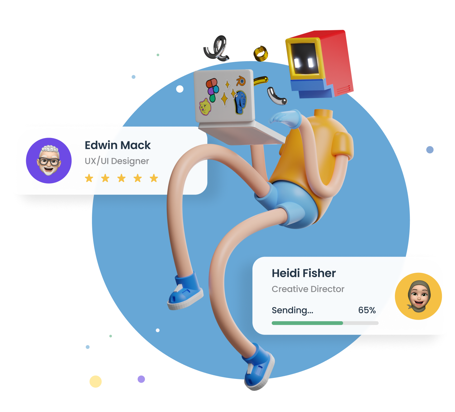 A cartoon character running with a laptop and a phone